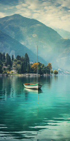 the serene countryside landscape features a tranquil mediterranean lake scene, where a lone boat drifts on calm waters, surrounded by majestic mountainous vistas, evoking a calming and introspective atmosphere, with a palette of dark green, aquamarine, dark turquoise, and light brown hues, reminiscent of a swiss-inspired lake wallpaper, captured in a unique webcam photography style. ai generatedの素材
