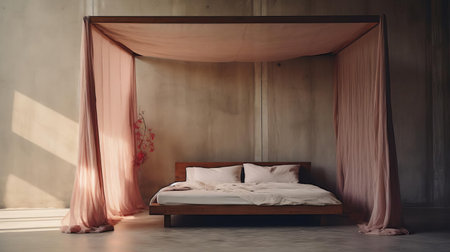the canopy bed stands elegantly in a minimalist brutalist setting, its intricate details showcased in a stunning editorial-style photograph captured with a mamiya rz67 camera, zoomed in to highlight the beauty of this luxurious furniture piece in a clean and simple empty space, evoking a sense of serenity and sophistication. ai generatedの素材