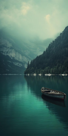 the serene mediterranean lake scene unfolds with a solitary boat drifting on the calm waters, surrounded by majestic mountainous vistas, evoking a sense of tranquility and introspection, with a palette of soothing shades of dark green, aquamarine, dark turquoise, and light brown, reminiscent of a swiss-inspired lake wallpaper, captured in a webcam photography style. ai generatedの素材