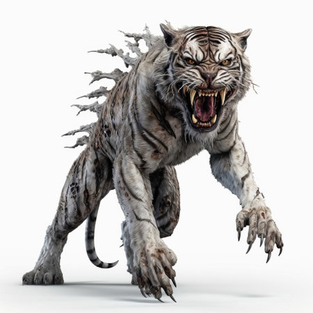 the 3d tiger zombie, rendered in stunning detail, stands proudly on a pristine white isolated background, its undead flesh a mesmerizing contrast to the sterile surroundings, evoking a sense of eerie fascination, perfect for horror, fantasy, and gaming enthusiasts, and designers seeking unique digital art. ai generatedの素材