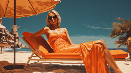 the woman, constance, stands confidently on the sun-kissed beach, radiating a chic aura in her vibrant orange attire, evoking the nostalgic charm of 1990s poolcore aesthetics, as captured in this stunning, hyper-detailed, and sleek illustration, blending realistic and stylized elements with warm, earthy tones of light maroon and brown. ai generatedの素材