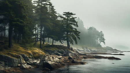 the coastal landscape stretches along the shoreline, featuring a mix of deciduous trees and firs, their tops visible above the misty veil of rain, creating a serene and mystical atmosphere, perfect for nature lovers and photography enthusiasts, capturing the essence of a rainy day by the sea. ai generatedの素材