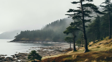 the coastal landscape, shrouded in mist, features a mix of deciduous trees and firs, their tops visible above the fog, on a rainy day, evoking a sense of serenity and tranquility, perfect for nature lovers and photographers capturing the beauty of the ocean's edge on a gloomy day. ai generatedの素材