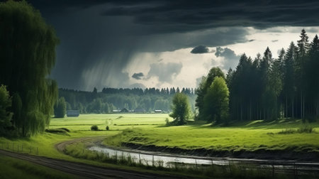 the countryside landscape stretches across the horizon, featuring a mix of deciduous trees and firs, their tops visible above the misty veil of rain, creating a serene and peaceful atmosphere, evoking feelings of tranquility and connection with nature on a rainy day. ai generatedの素材