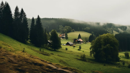 the countryside landscape, adorned with a mix of deciduous trees and firs, is shrouded in misty rain, with the tops of the trees peeking out from the veil of fog, creating a serene and mystical atmosphere, evoking feelings of tranquility and connection with nature. ai generatedの素材