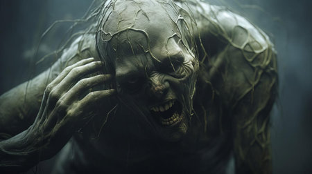the creature, depicted in a stunning hyper-realistic sci-fi style, stands out against a dark background, its olive green skin and shocked expression evoking a sense of emotion, reminiscent of alessio albi's work, crafted with bryce 3d and minimal retouching, resulting in a grainy, tenebrous atmosphere with bold and dynamic lines, echoing andrew ferez's aesthetic. ai generatedの素材