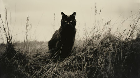 the old cat lazily lounges in a serene grassy field, captured in a beautifully distorted, blurry, and grainy black-and-white image, reminiscent of vintage kodak expired instant film photography, evoking a sense of nostalgia and retro charm. ai generatedの素材