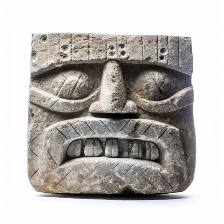 this ancient stone sculpture, carved with a serene face, sits elegantly on a pristine white isolated background, showcasing exceptional craftsmanship and attention to detail, evoking a sense of history and mystique, perfect for art lovers and collectors of antique relics and archaeological finds. ai generatedの素材