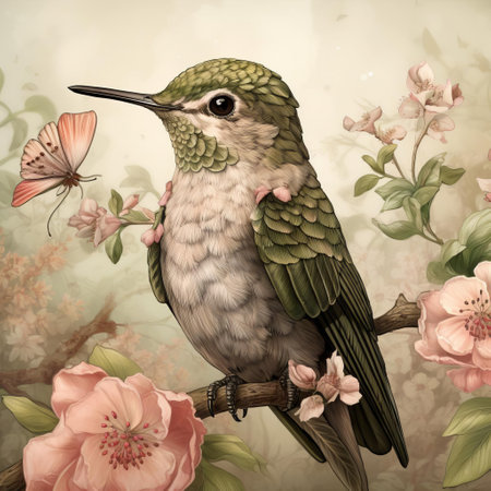 this whimsical illustration of a young female hummingbird, reminiscent of beatrix potter's iconic style, showcases the bird's iridescent feathers, delicate wings, and bright, inquisitive eyes, surrounded by lush greenery and vibrant flowers, evoking a sense of wonder and enchantment in a magical forest setting. ai generatedの素材