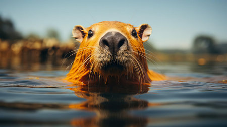the capybara, surrounded by a sparse and serene environment, exudes an air of whimsical charm, reminiscent of wes anderson's signature aesthetic, as the minimalist photography style accentuates the rodent's gentle features, evoking a sense of simplicity and wonder in this captivating portrait. ai generatedの素材