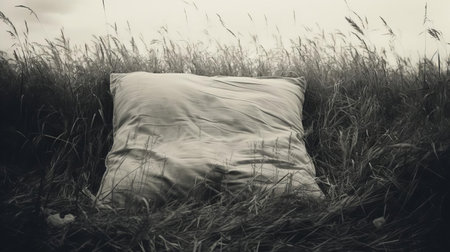 an old pillow lies serenely in a lush green grassy field, captured in a distorted, blurry, and grainy vintage kodak expired instant film photo, evoking a nostalgic and dreamy atmosphere, reminiscent of bygone eras, with its soft black-and-white tones and retro aesthetic. ai generatedの素材