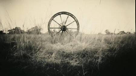 an old wheel stands alone in a serene grassy field, captured in a distorted, blurry, and grainy black-and-white image, reminiscent of vintage kodak expired instant film photography, evoking a sense of nostalgia and rural simplicity, perfect for fans of retro aesthetics and rustic landscapes. ai generatedの素材