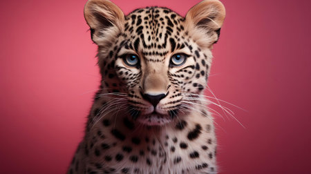 the leopard, with its vibrant fur and curious gaze, takes center stage in this stunning example of extreme minimalist photography, evoking the whimsical and symmetrical style reminiscent of wes anderson's cinematic masterpieces, showcasing the beauty of simplicity and negative space. ai generatedの素材