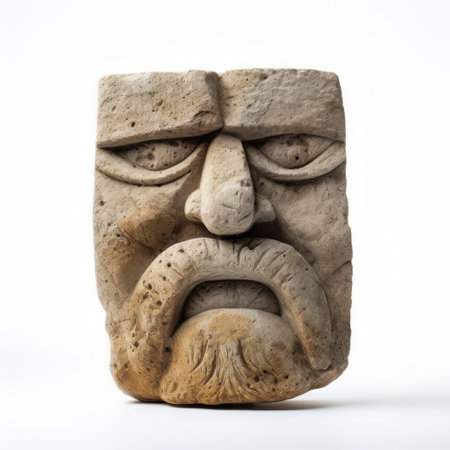 this ancient stone sculpture, carved with a mysterious face, sits isolated on a pristine white background, evoking a sense of history and mystique, perfect for archaeology, anthropology, and art history enthusiasts, as well as those fascinated by ancient civilizations and mysterious artifacts. ai generatedの素材