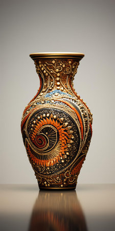 this exquisite african art-inspired ceramic vase, adorned with an intricate floral pattern, takes center stage against a pristine white background, its delicate details and textures elevated by a sprinkling of glitters, capturing the essence of hyper-realism with remarkable precision, as seen through the lens of a 50mm macro focus. ai generatedの素材