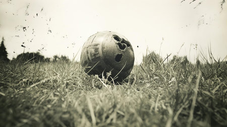the old ball sits alone in a serene grassy field, captured in a distorted, blurry, and grainy vintage kodak expired instant film photo, evoking a nostalgic feel with its high-contrast black-and-white image, reminiscent of a bygone era, perfect for film photography enthusiasts and retro aesthetic lovers. ai generatedの素材