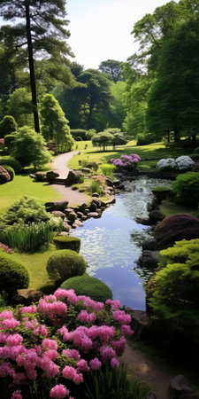 the serene garden scenery stretches as far as the eye can see, showcasing lush greenery, vibrant flowers, and tranquil water features, evoking a sense of peacefulness and connection with nature, perfect for relaxation and outdoor inspiration, highlighting the beauty of landscape design and gardening. ai generatedの素材