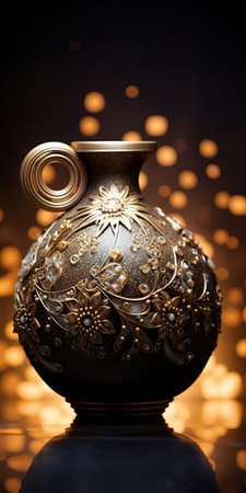 this exquisite bronze age-inspired ceramic vase, adorned with an intricate floral pattern, takes center stage against a pristine white background, its delicate details and textures elevated by a sprinkle of glitters, showcasing the mastery of hyper-realism and high-definition photography achieved through a 50mm macro lens. ai generatedの素材