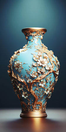 this exquisite bronze age-inspired ceramic vase, adorned with an intricate floral pattern, takes center stage against a pristine white background, its delicate details and textures meticulously captured using a 50mm macro focus, while subtle glitters add a touch of luxury and sophistication, evoking a sense of ancient elegance and refinement. ai generatedの素材