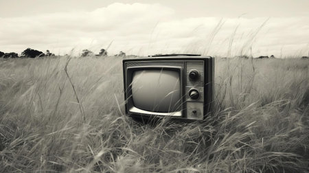 an old tv sits alone in a serene grassy field, captured in a distorted, blurry, and grainy black-and-white image, reminiscent of vintage kodak expired instant film photography, evoking a sense of nostalgia and retro charm, perfect for fans of analog photography and retro aesthetics. ai generatedの素材