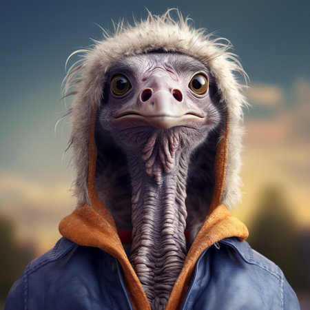 this ostrich is proudly showcasing its unique sense of style, donning a vibrant sweater in a playful cartoon illustration, blending whimsical humor with adorable charm, perfect for fans of quirky animal art, sweater enthusiasts, and anyone who loves a dash of humor in their day. ai generatedの素材