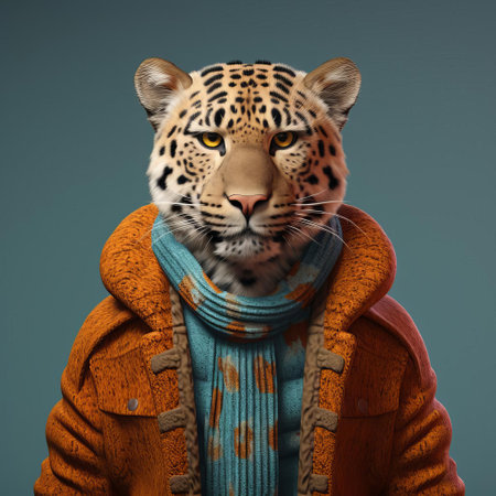 the leopard, dressed in a vibrant orange sweater with yellow buttons, lounges on a cozy couch, surrounded by balls of yarn and knitting needles, showcasing its playful and creative side, blending wildlife with whimsical fashion, perfect for winter wonderland and animal lover enthusiasts. ai generatedの素材