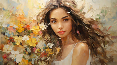 the philippines-inspired impressionist painting features miley cyrus in a captivating portrait, set against a warm and inviting backdrop of detailed cream colours, with subtle hints of dull cream hues that evoke a sense of serenity and elegance, perfect for art enthusiasts and music lovers alike. ai generatedの素材