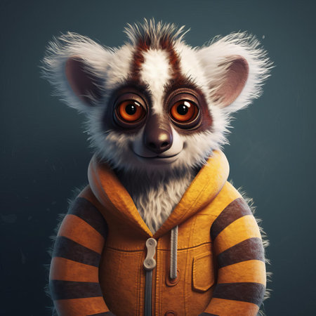 this adorable lemur is wrapped up warm in a vibrant sweater, showcasing its playful personality in a whimsical cartoon illustration, perfect for fans of cute animal art, winter fashion, and quirky character designs, blending humor and style in a unique and charming visual treat. ai generatedの素材