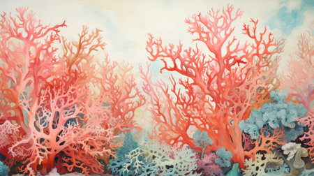 this vibrant coral reef painting, inspired by the coast of south africa, bursts with detailed coral colours, blending dull coral hues with bold brushstrokes, reminiscent of shawn mendes' impressionist style, capturing the essence of an underwater world teeming with life and beauty. ai generatedの素材