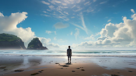 brian stands at the edge of a breathtaking beach, capturing the awe and wonder of exploring new places, with the turquoise ocean waves gently lapping at the shore, surrounded by lush green palm trees and powdery white sand, evoking feelings of serenity and adventure in tropical paradise getaways. ai generatedの素材