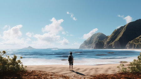 brian stands at the edge of a breathtaking beach, gazing out at the endless turquoise waters, representing the awe and wonder of exploring new exotic destinations, tropical getaways, and serene coastal landscapes, capturing the essence of adventure travel and wanderlust. ai generatedの素材