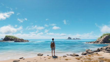 gregory stands at the edge of a breathtaking beach, gazing out at the turquoise ocean, capturing the essence of wanderlust and the thrill of discovering hidden gems, evoking feelings of freedom and adventure, with the warm sun casting a golden glow on his relaxed posture, surrounded by swaying palm trees and powdery white sand. ai generatedの素材