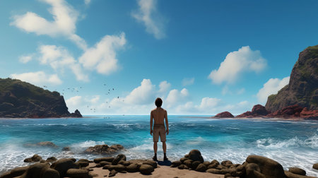jerry stands at the edge of a breathtaking beach, representing the awe and wonder of exploring new places, with the warm sunlight casting a golden glow on his figure, surrounded by swaying palm trees, crystal-clear turquoise waters, and powdery white sand, evoking feelings of serenity and adventure in tropical paradise destinations. ai generatedの素材