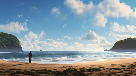 robert stands at the edge of a breathtaking beach, representing the awe and wonder of exploring new places, with the turquoise ocean waves gently lapping at the shore, surrounded by lush green palm trees and powdery white sand, evoking feelings of tropical paradise and exotic getaways. ai generatedの素材