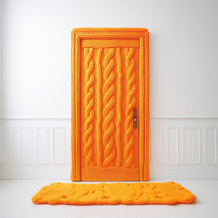 the vibrant orange knitted door stands out against the stark white background, creating a striking still life composition that showcases the beauty of contrasting colors and textures, evoking feelings of warmth and coziness in a minimalist setting, perfect for home decor inspiration and interior design ideas. ai generatedの素材