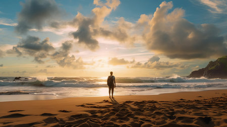steven stands at the edge of a breathtaking beach, representing the awe and wonder of exploring new exotic destinations, capturing the essence of adventure travel and the thrill of discovering hidden gems, with the warm sun casting a golden glow on the turquoise ocean waters. ai generatedの素材