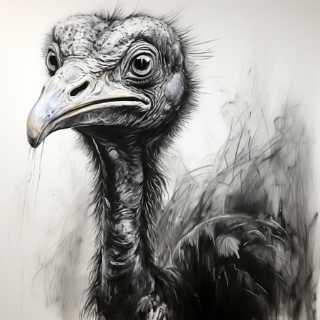 this cassowary portrait, expertly rendered in charcoal, showcases the bird's unique features, from its distinctive casque to its expressive eyes, capturing the essence of a happy and curious creature, perfect for wildlife enthusiasts and art lovers alike, highlighting the beauty of australian fauna. ai generatedの素材