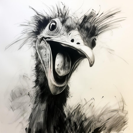 the cassowary, a large, flightless bird native to australia and new guinea, is beautifully captured in this quick outlines sketch, rendered in charcoal, showcasing its distinctive casque, or crest, and expressive eyes, conveying a sense of happiness and curiosity, perfect for wildlife enthusiasts and bird lovers. ai generatedの素材
