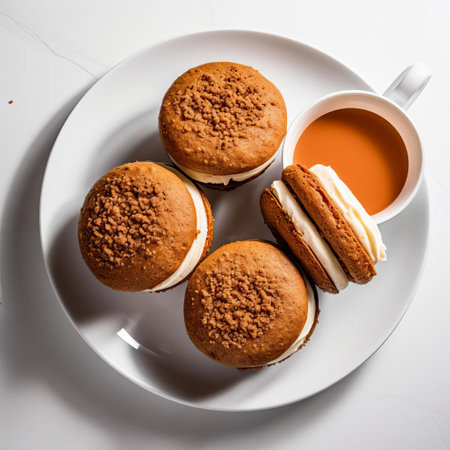 five vibrant carrot whoopie pies, freshly baked and perfectly imperfect, sit in an uneven row alongside a steaming cup of coffee, invitingly arranged on a clean white background, evoking a sense of warmth and comfort, perfect for a cozy morning or afternoon treat, featuring the delightful combination of sweet and savory flavors. ai generatedの素材