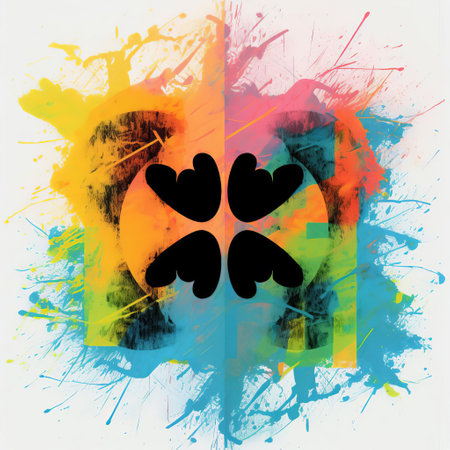this contemporary modern art piece, crafted by artists ed sheeran, showcases a symmetrical, hand-painted, experimental design, blending vibrant nordic colours with a subtle x-ray effect, reminiscent of classic etching art, and infused with slightly distressed elements, evoking a sense of modern nordic graphic design. ai generatedの素材