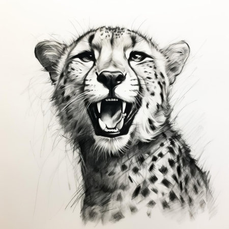 a majestic cheetah's portrait, skillfully crafted with quick outlines and delicate charcoal strokes, exudes joy and playfulness, capturing the essence of the world's fastest land animal in a stunning, expressive, and highly detailed wildlife art piece, perfect for animal lovers and art enthusiasts alike. ai generatedの素材