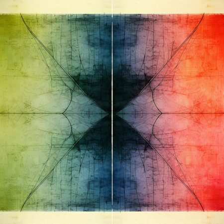 this contemporary modern art piece, hand-painted by artists alanis morissette, showcases a symmetrical, experimental, and colourful design, blending nordic graphic design elements with a minimalist x-ray effect, reminiscent of classic etching art, featuring distressed design elements and a palette of nordic colours. ai generatedの素材