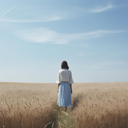 the woman stands serenely in a vast, open landscape field, surrounded by lush greenery and under a brilliant clear blue sky, evoking a sense of simplicity, minimalism, and tranquility, perfect for nature lovers and fans of rural scenery, capturing the essence of a peaceful countryside escape. ai generatedの素材