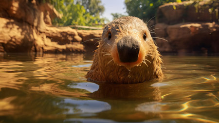 the platypus, a unique and fascinating creature, is showcased in this captivating image, featuring a harpia harpyja species individual thriving in a brazilian zoo, highlighting its distinctive duck-billed snout, webbed feet, and remarkable camouflage abilities in a naturalistic habitat. ai generatedの素材