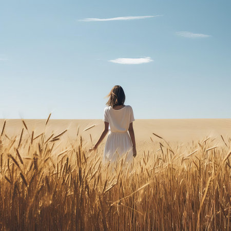 a serene woman stands alone in a vast, open landscape field, surrounded by nothing but nature's simplicity, under a brilliant clear blue sky with only a few wispy clouds, evoking feelings of peacefulness, calmness, and freedom, perfect for relaxation and meditation. ai generatedの素材