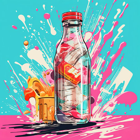 a vibrant illustration showcases a stylized advertisement for an iced latte bottle, blending light green and pink hues, reminiscent of darkroom printing and fauvist color usage, with bold block prints, vibrant glasswork studies, and impressionistic layers, evoking a nostalgic feel of editorial illustrations and vintage cut-and-paste artistry. ai generatedの素材