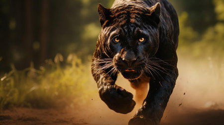 the panther, with its sleek black fur and agile physique, is captured in stunning detail as it runs effortlessly through the underbrush, its powerful legs and sharp claws a blur of motion, showcasing the exceptional image quality of the canon eos r3 camera in 8k hdr ultra hd resolution. ai generatedの素材