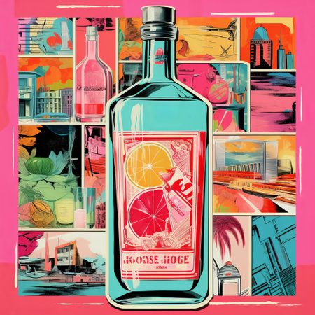 this vibrant illustration showcases a stunning advertisement for a liquor bottle, blending bold block prints, impressionistic layers, and editorial illustrations in a mesmerizing collage style, characterized by fauvist color usage, darkroom printing, and vintage cut-and-paste techniques, set against a striking light green and pink backdrop, evoking a sense of luxury and sophistication. ai generatedの素材
