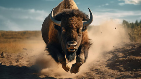a majestic bison is showcased in its natural habitat, running freely in an open field, captured in stunning ultra hd, 8k resolution, with cinematic flair, utilizing the canon eos r3 camera, resulting in an extremely detailed and ultra-sharp image, perfect for wildlife enthusiasts and nature lovers alike. ai generatedの素材