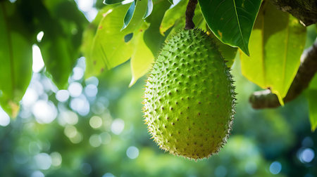 the soursop fruit, native to the tropical regions of the americas, is beautifully captured in this macro shot, showcasing its unique texture and stunning color gradient, ranging from deep green to yellow, as it ripens on the tree, highlighting its natural beauty and vibrant hues. ai generatedの素材